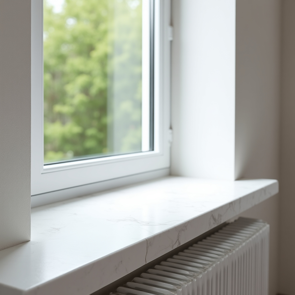 Parapet z konglomeratu w kolorze białym po montażu w salonie