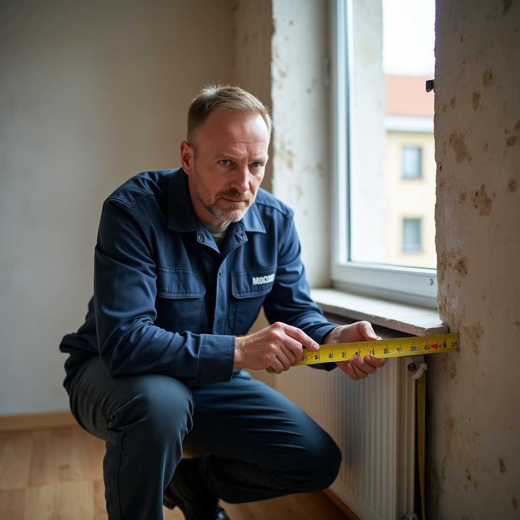 Technik wykonujący pomiar wnęki okiennej przed montażem parapetu