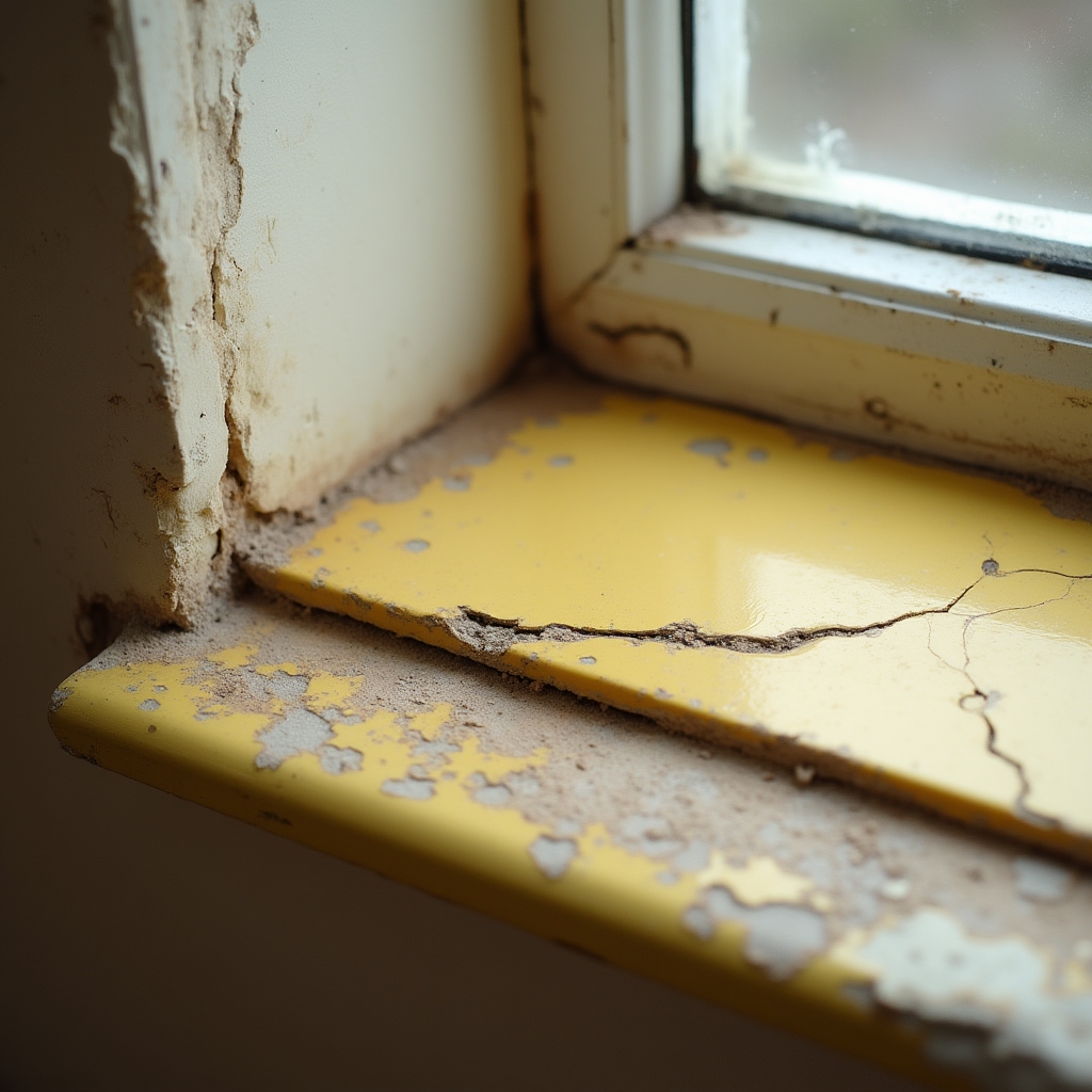 Stary uszkodzony parapet PVC przed wymianą