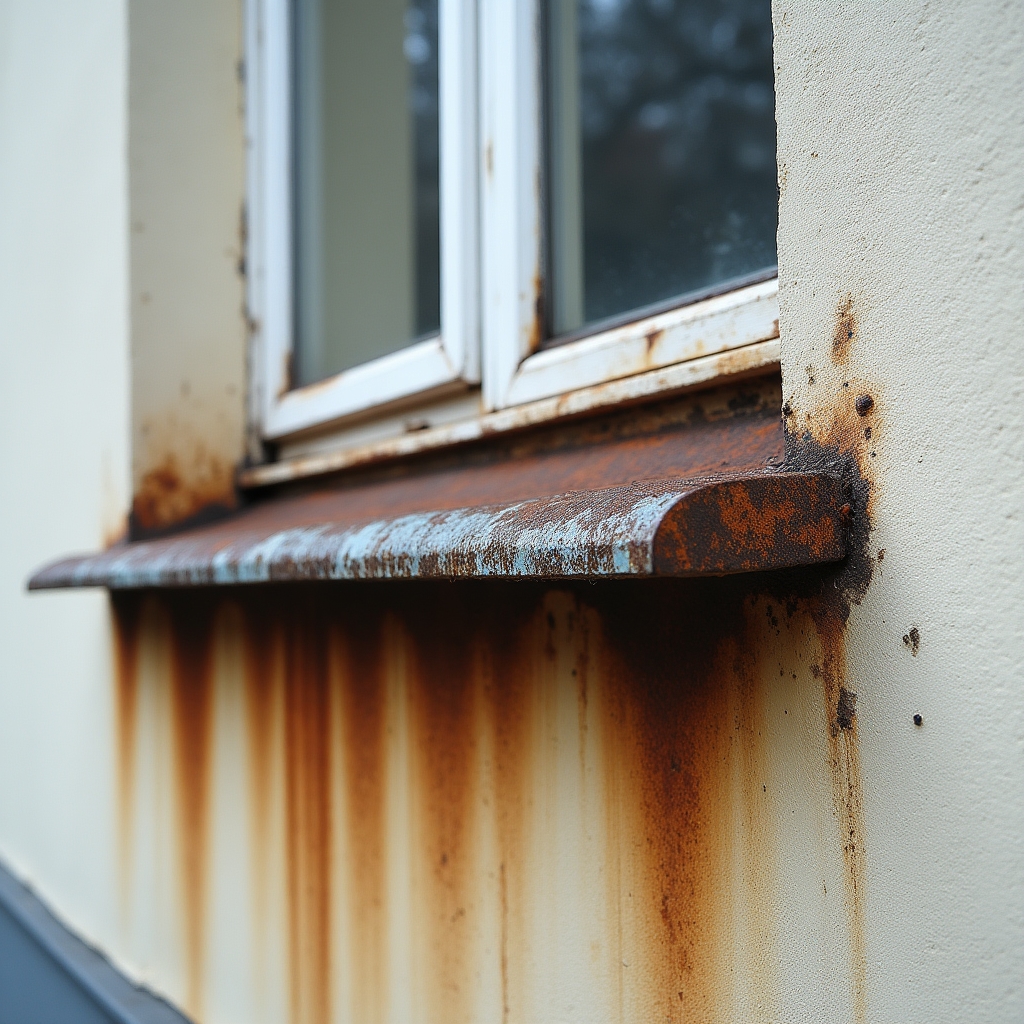 Stary parapet zewnętrzny z blachy z korozją i odkształceniem