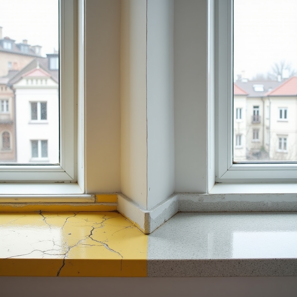 Porównanie parapetu przed i po wymianie w mieszkaniu